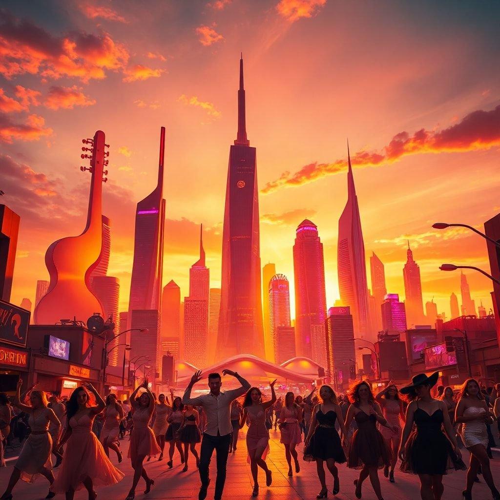 A dynamic, modern city skyline bathed in warm sunset colors. People are enjoying the evening on a pedestrian street, with music festivals and neon lights adding to the lively atmosphere.