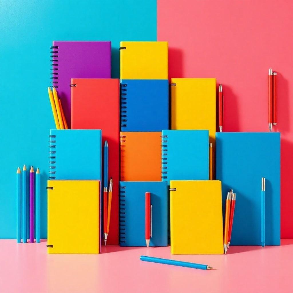 A vibrant collection of writing instruments and notebooks, ready to inspire creativity for the new school year.