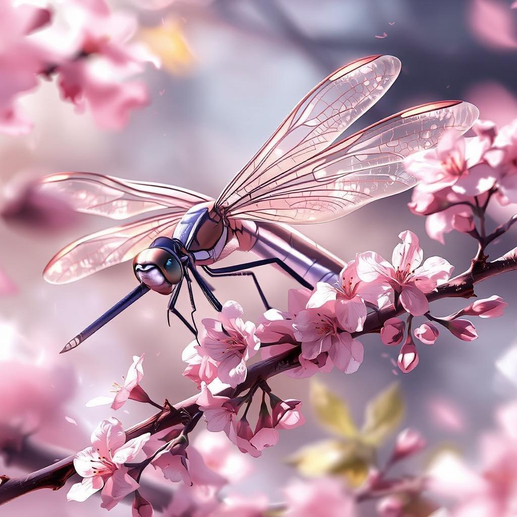 En lugn anime-illustration av en majestätisk drakfluge drottning, som står på en gren prydd med rosa körsbärsblommor. Drottningens eleganta pose, med långa vingar och en kunglig blick, förkroppsligar essensen av en anime. Den mjuka rosa och vita bakgrunden kompletterar harmoniskt hennes intrikata detaljer.