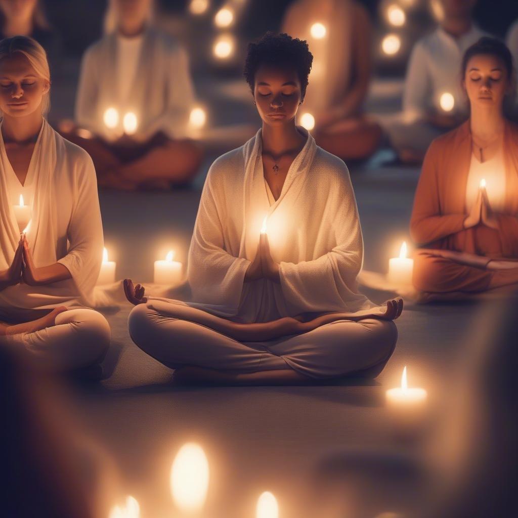 A serene group meditation session set against a backdrop of softly glowing candles.