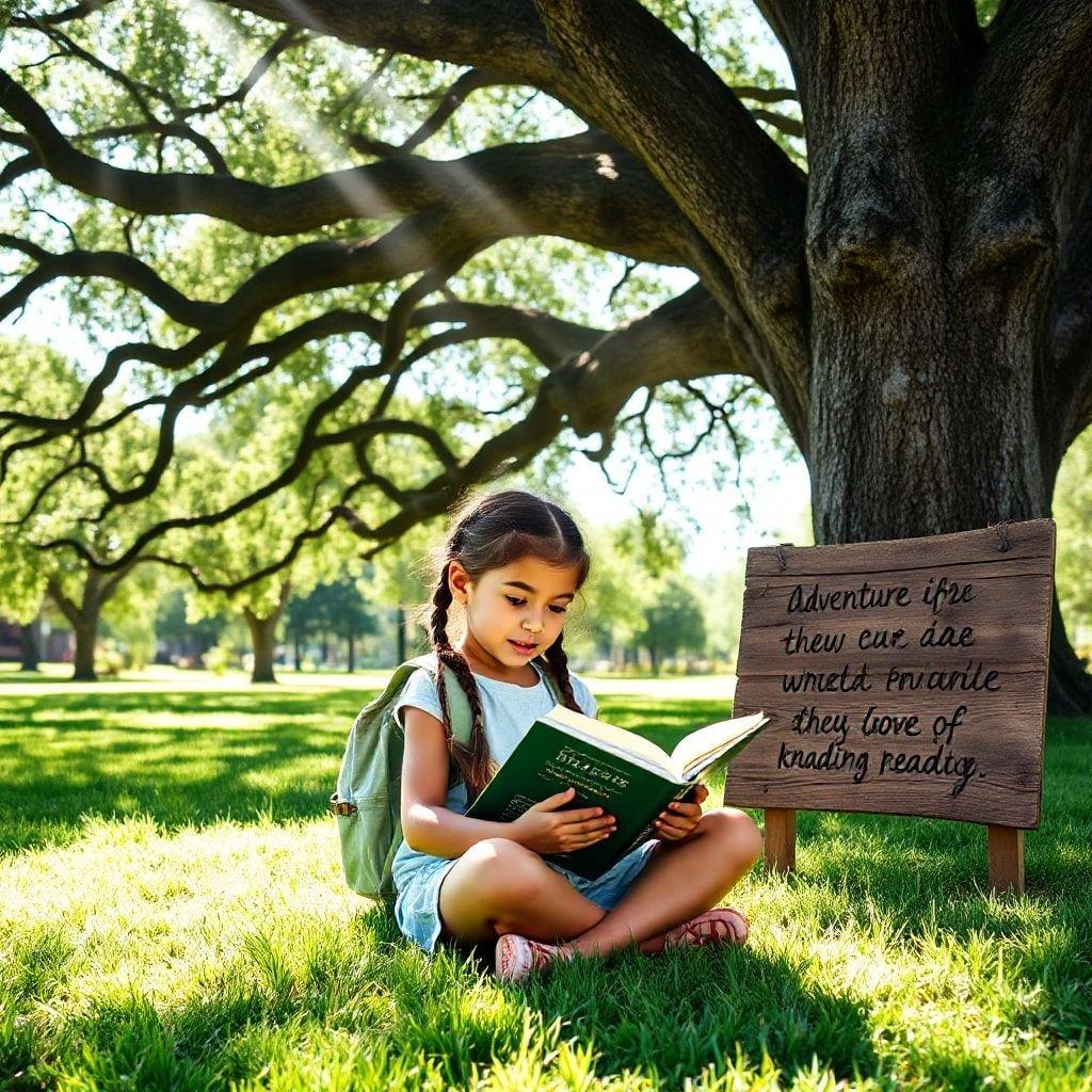 A young girl sits in the sunlight, reading a book that has captured her imagination. The quote on the sign behind her serves as a reminder to cherish the simple joys of life.