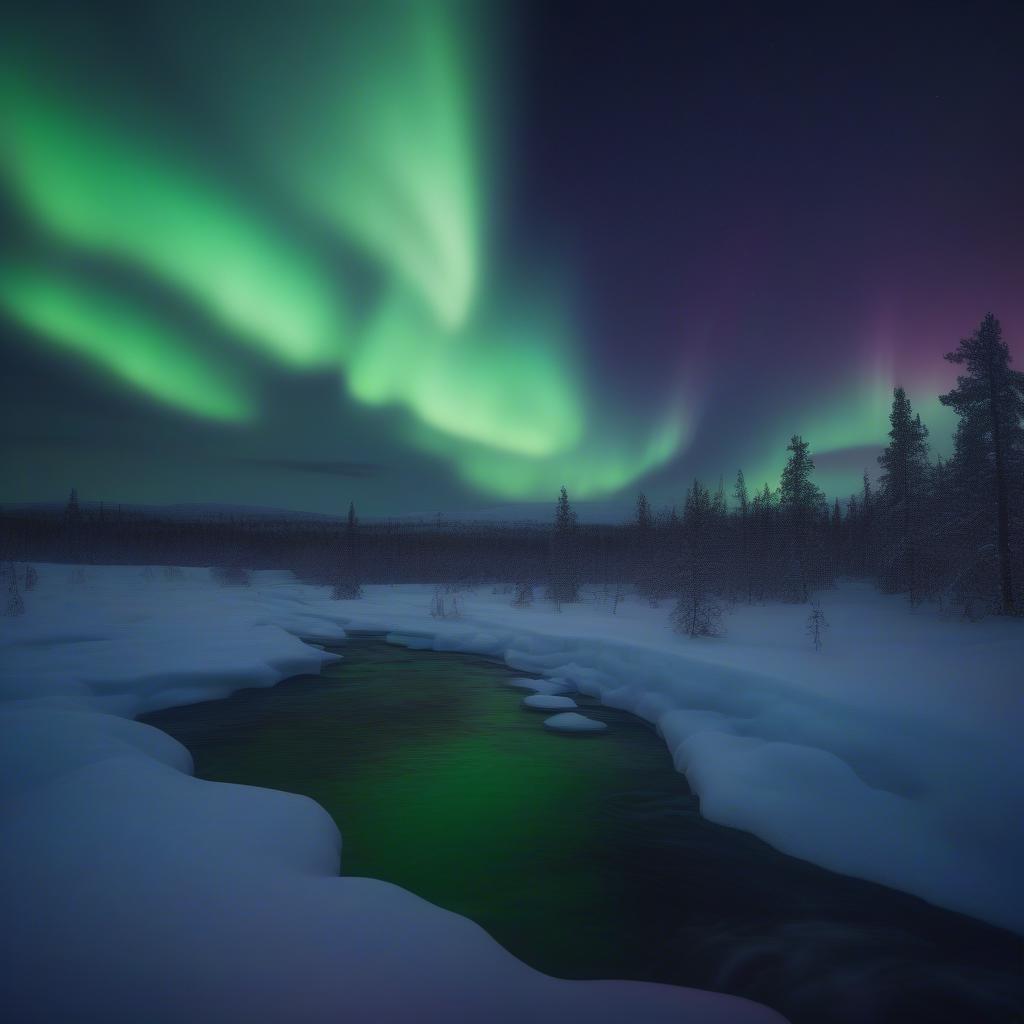 Experience the breathtaking beauty of the aurora borealis as they paint the sky over a tranquil winter landscape.