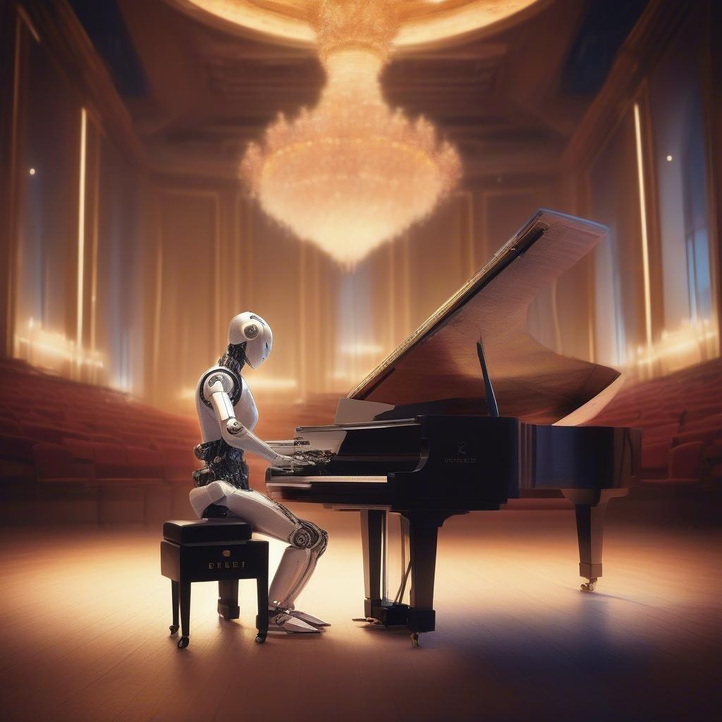 In this scene, we find an android pianist immersed in playing Beethoven's Fur Elise. The concert hall is illuminated by elegant chandeliers casting a warm glow on the stage. The image captures a moment of harmony between technology and classical music.