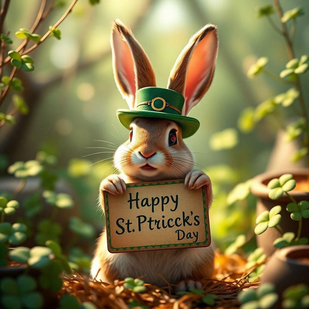 A festive and fun wallpaper for St. Patrick's Day, featuring a cute bunny wearing a green top hat and holding a sign that reads 'Happy St. Patrick's Day'. The background is a blurred green landscape with shamrocks and other St. Patrick's Day symbols.