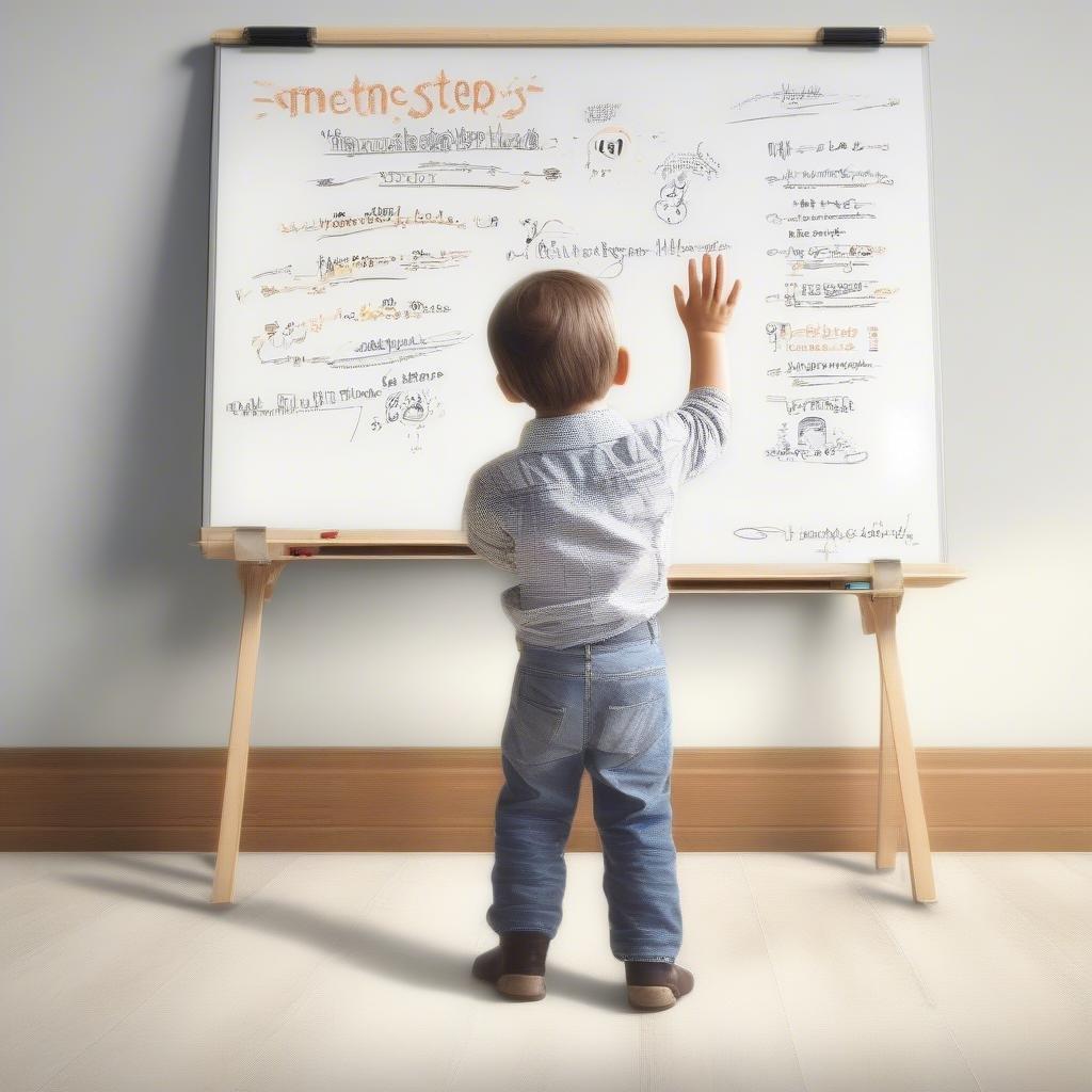 A heartwarming scene of a toddler proudly standing in front of a whiteboard, possibly indicating his early involvement in the business world or a collaborative family activity on Father's Day.