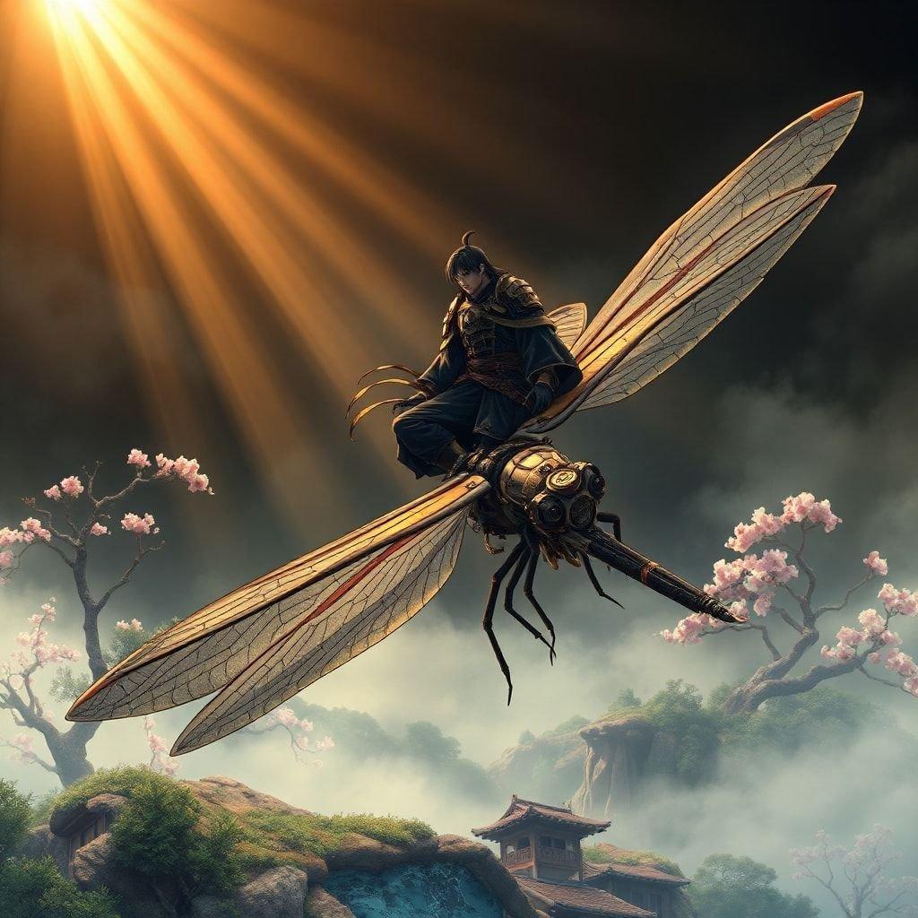 Immerse yourself in the captivating world of anime with this stunning wallpaper featuring a majestic samurai riding a dragonfly through a misty Japanese landscape. The steampunk-inspired design adds a unique twist to the traditional anime aesthetic, making this image a must-have for fans of the genre.