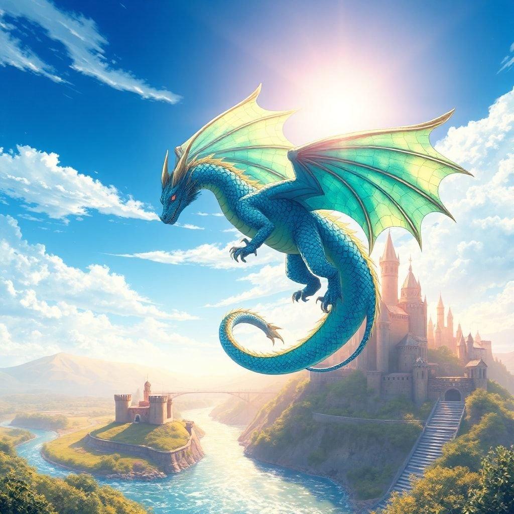 Ein bezaubernder Fantasy-Hintergrund, der einen majestätischen blauen und grünen Drachen zeigt, der hoch über einem gewundenen Fluss schwebt. Die ruhige Szene ist vor dem Hintergrund einer alten Schlossstadt, die in reinem Licht getaucht ist, und schafft eine friedliche Atmosphäre, die perfekt für Desktop- oder mobile Geräte geeignet ist.