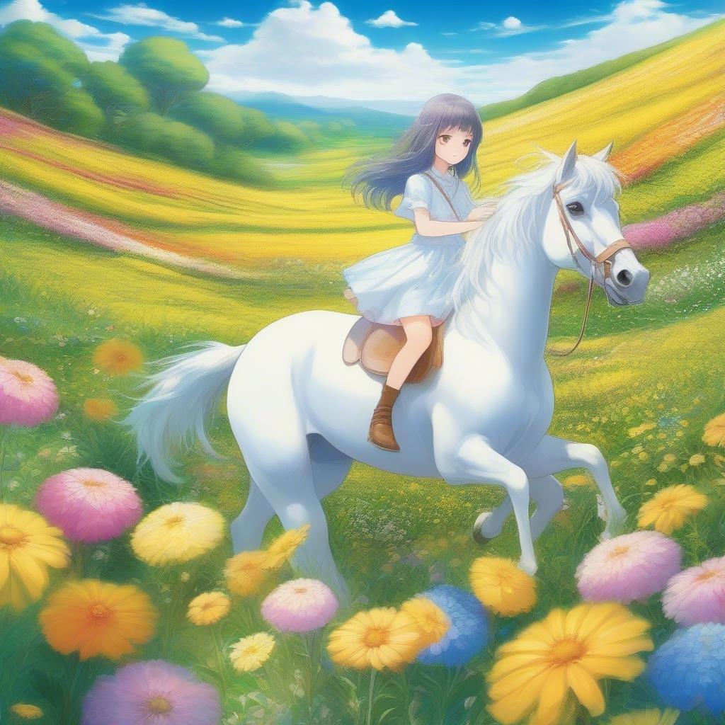 Ce fond d'écran anime enchanteur présente une jeune fille chevauchant un majestueux licorne à travers un champ vibrant de fleurs, capturant un moment de tranquillité et de magie.