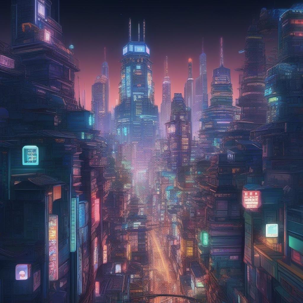 A bustling city skyline at dusk, where towering robots and neon lights illuminate the futuristic landscape. The intricate architecture of these anime-style buildings stands out against the dark backdrop.