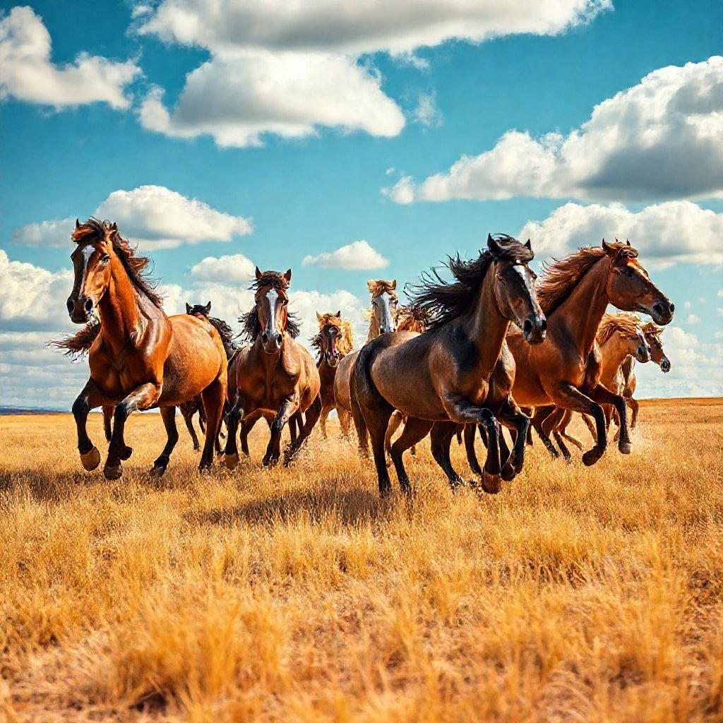 Uma cena dinâmica de vários cavalos selvagens em meio ao galope, suas crinas e caudas fluindo atrás deles enquanto correm por um campo de grama seca.