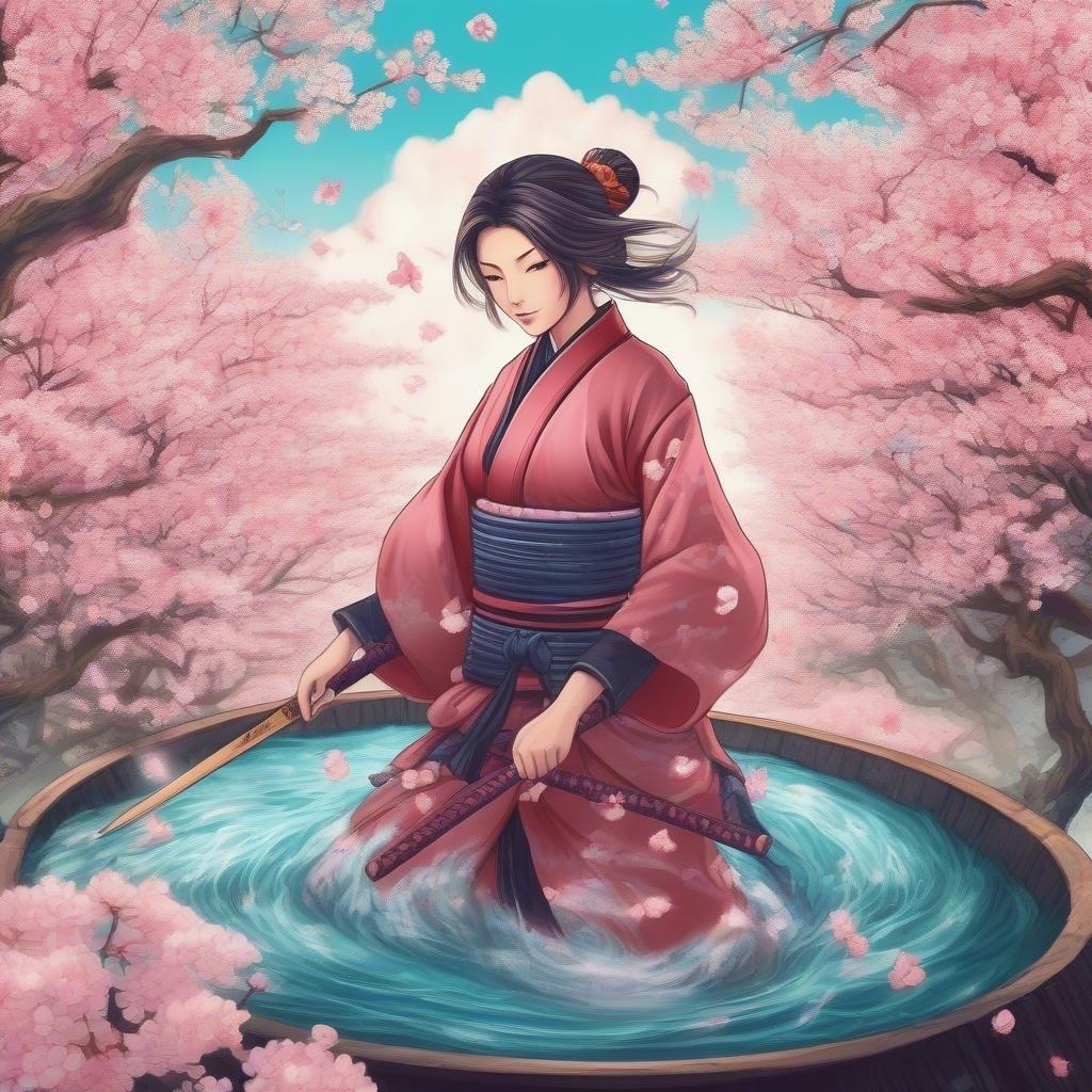 En detaljerad animeillustration av en kunoichi-krigare, svävande i en virvelvind av körsbärsblommor. Den livfulla scenen, med sina harmoniska färger och intrikata detaljer, fångar ett ögonblick av lugn kontemplation.