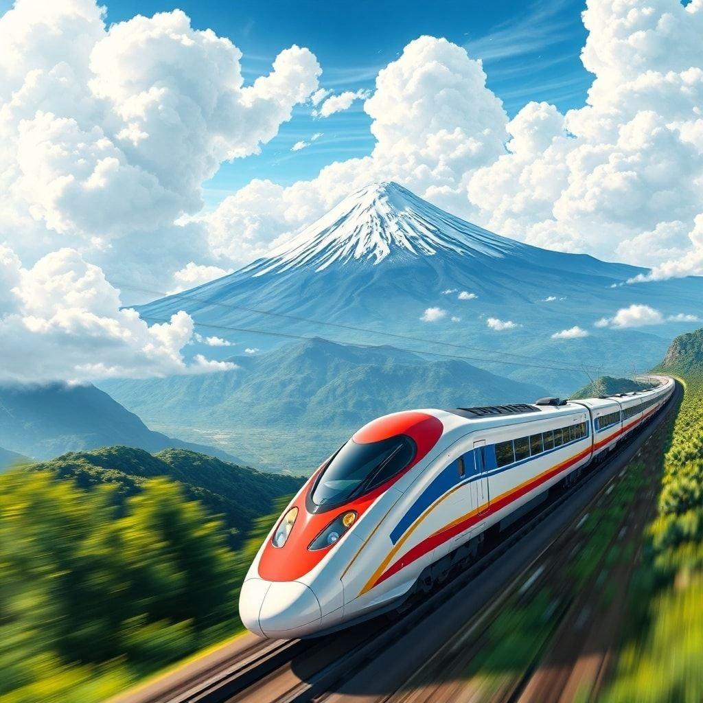 This wallpaper captures the essence of a high-speed bullet train racing through the majestic mountains, with a stunning view of Mount Fuji in the background. The train's sleek design and vibrant color scheme, featuring a bright white body with red and yellow accents and a blue and yellow striped pattern on the side, adds to the dynamic scene. The fluffy clouds in the sky and the distant mountains create a breathtaking backdrop for this anime-inspired image.