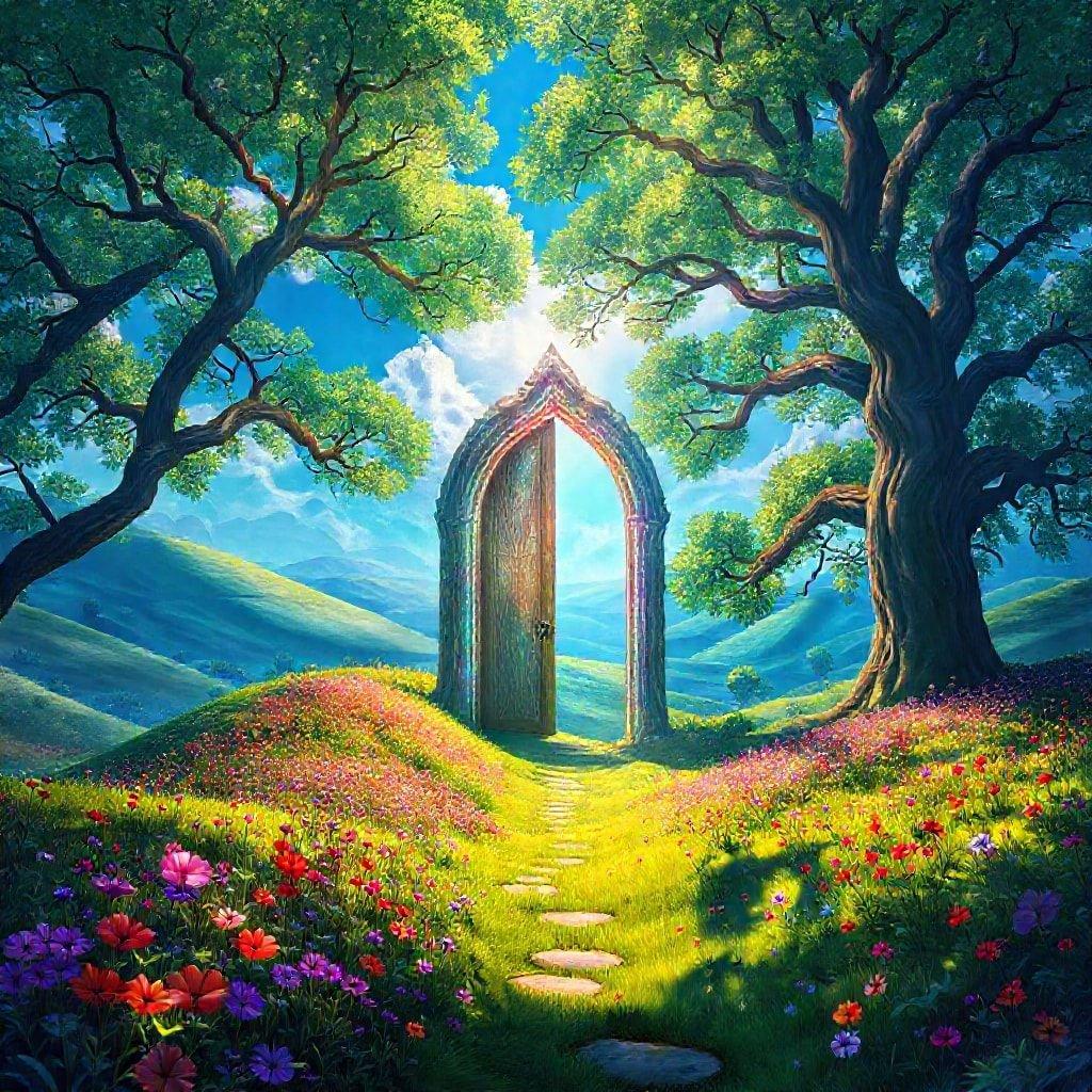 Step into a magical world where mystery lies around every corner. A winding path, bordered by vibrant flowers, leads to a mystical doorway in the heart of nature.