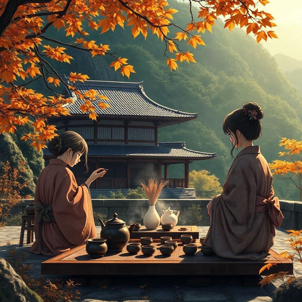 Immerse yourself in the serene beauty of an Anime-style tea ceremony, set against the majestic backdrop of a mountain temple.