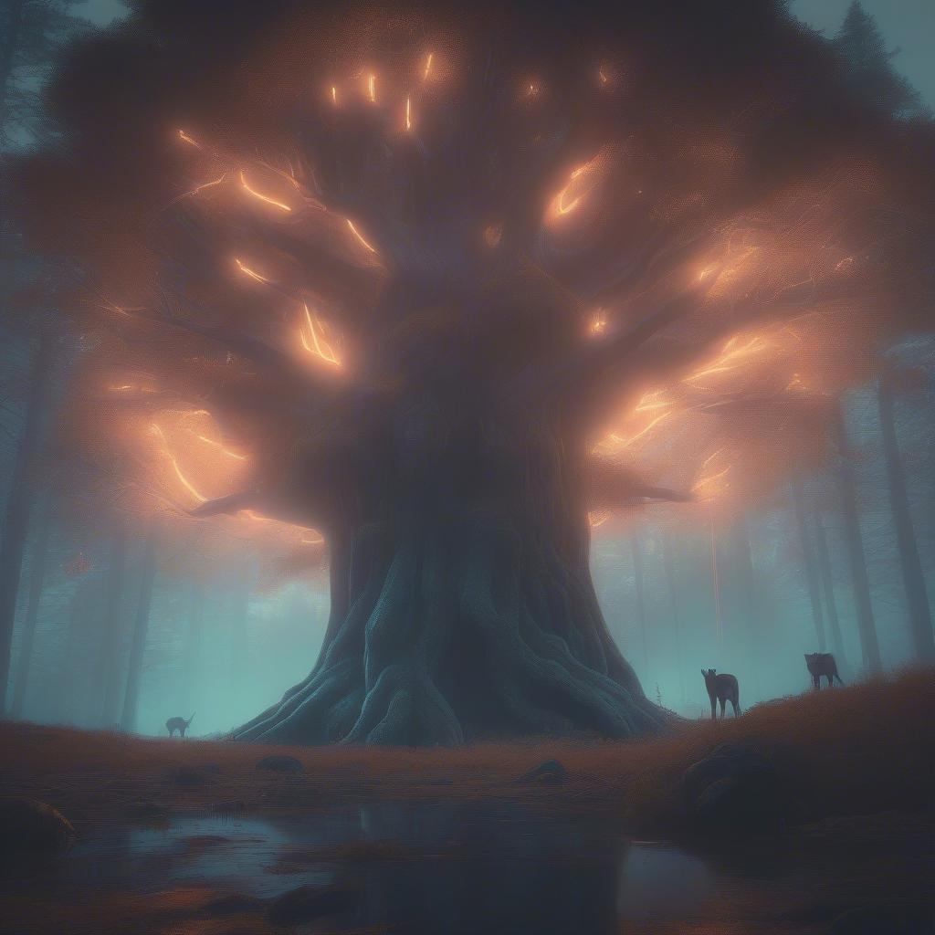 Explorez la beauté étrange d'une forêt enchantée lors d'une nuit d'Halloween brumeuse, où les racines anciennes d'un arbre mystérieux émergent d'une clairière cachée, baignées dans une lumière menaçante.