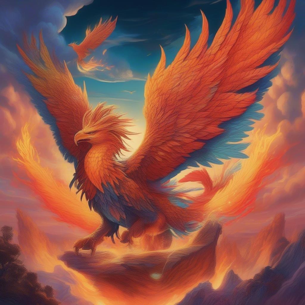 This image features a majestic phoenix bird soaring through a vibrant, fantastical landscape. The phoenix is depicted in stunning detail, with its fiery plumage and outstretched wings creating a sense of dynamic movement. The background is a kaleidoscope of colors, with swirling clouds and a radiant sun shining down. This image is perfect for fans of fantasy and adventure, and would make a great addition to any desktop or mobile wallpaper collection.