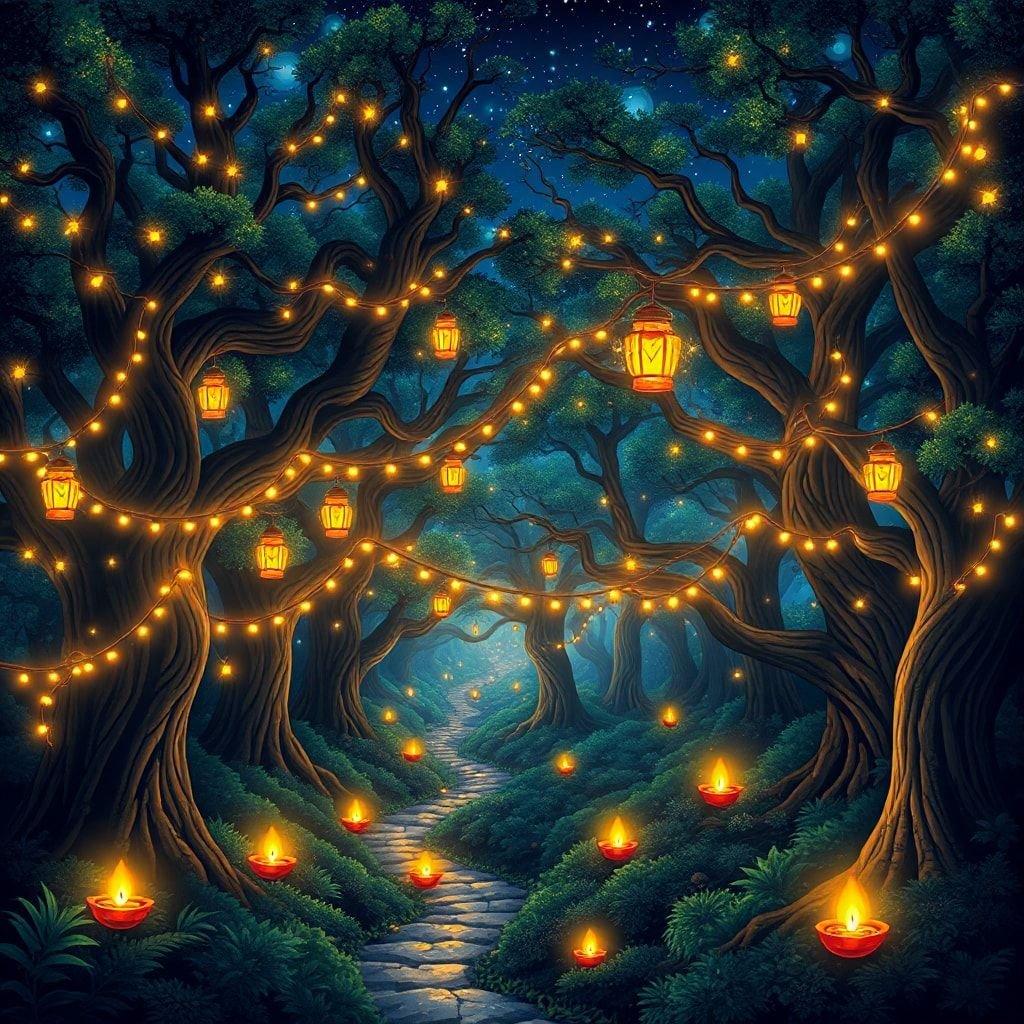 A magical trail through a vibrant forest, where the spirit of Diwali glows with twinkling lights.