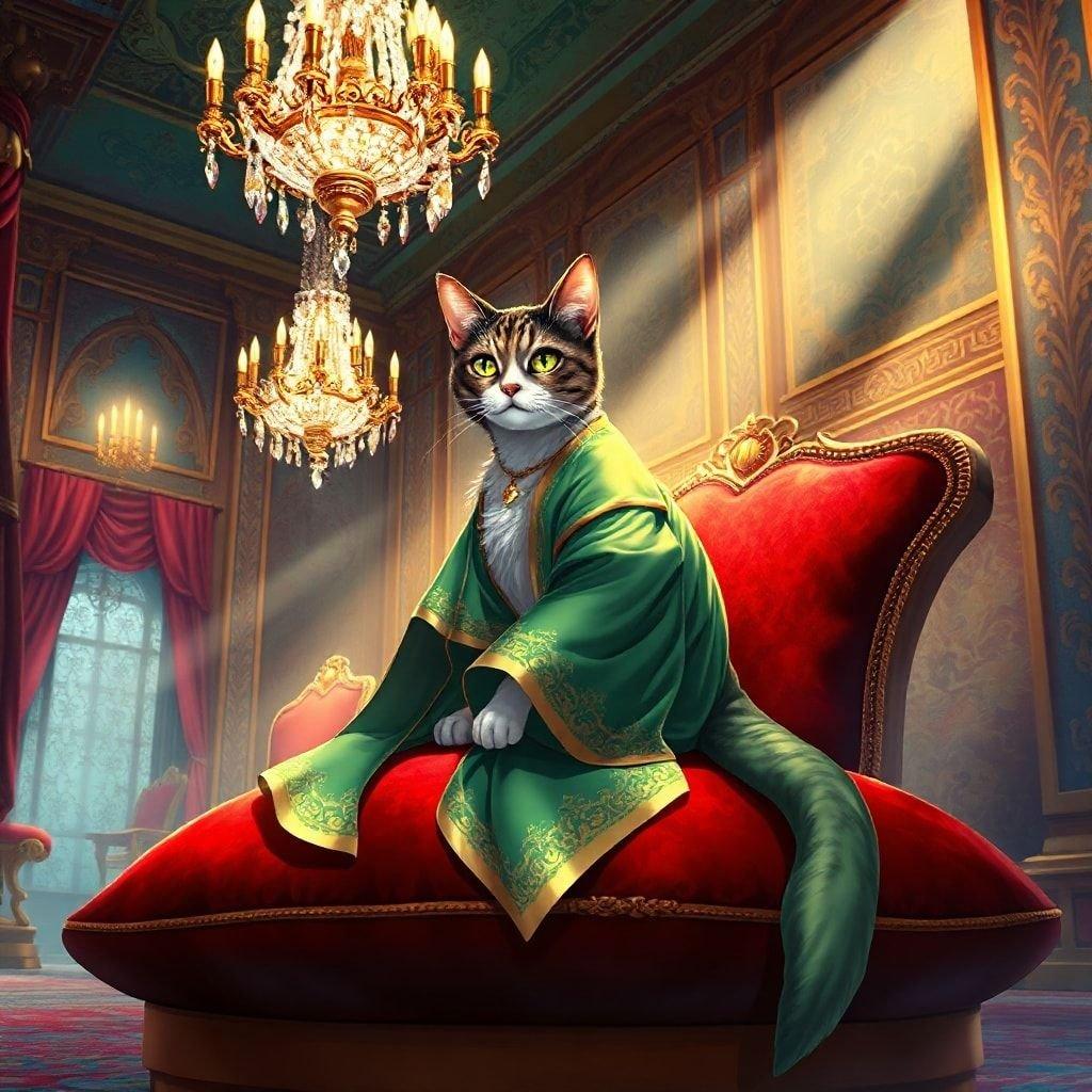 Betreten Sie eine Welt der Verzauberung mit dieser fesselnden digitalen Illustration eines mystischen Katzengeistes, der Eleganz und Mystik in einem prächtigen Palastinterieur ausstrahlt.