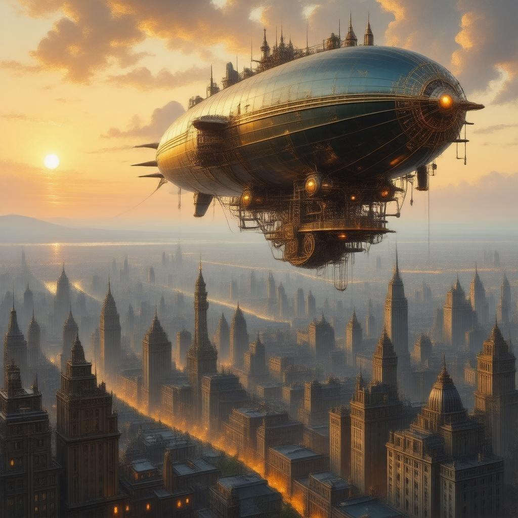 A grand airship soars above a bustling city at sunset. The steampunk-inspired craft features intricate designs and lights, casting an illuminating glow on the sprawling metropolis below.