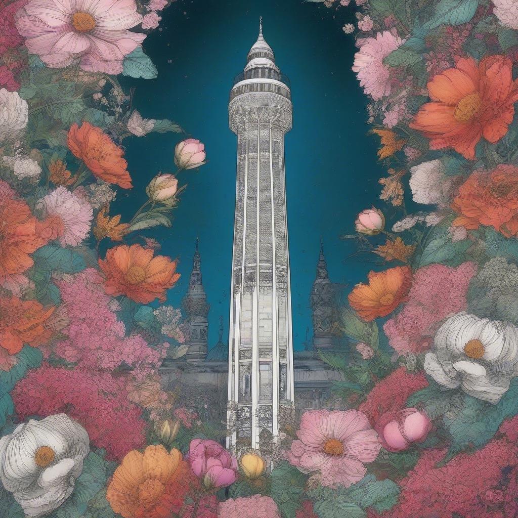 A harmonious blend of architectural splendor and nature's beauty, this wallpaper captures the essence of Ramadan and Eid celebrations. The grandeur of a towering minaret pierces the night sky, framed by an abundance of vibrant flowers in full bloom. The deep blue background enhances the nocturnal ambiance, making it perfect for setting as your desktop wallpaper during the festive seasons.