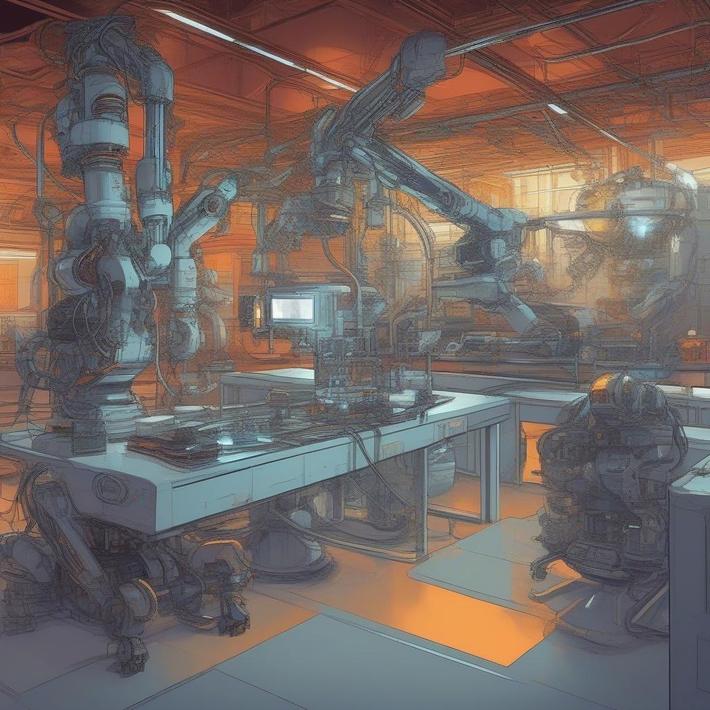 A futuristic setting with multiple robots diligently working in a high-tech laboratory.