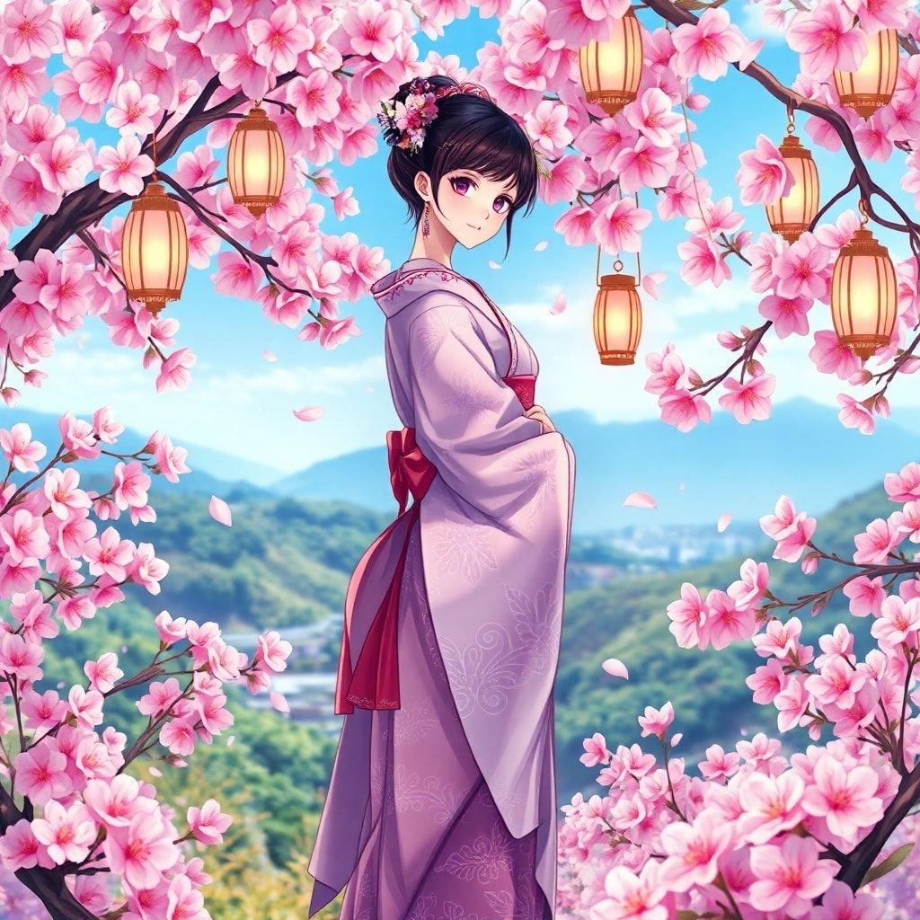 Immerse yourself in the serene beauty of this anime geisha surrounded by a stunning garden of cherry blossoms and delicate lanterns, set against a breathtaking backdrop of a blurry, mysterious landscape.