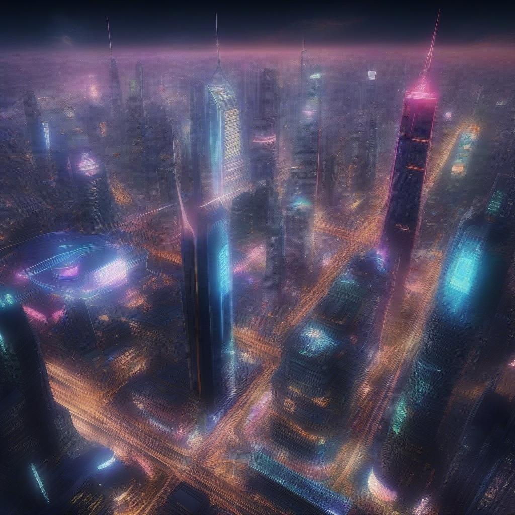 Enter the vibrant neon-lit city of tomorrow, where towering skyscrapers reach for the starry sky. This digital art piece captures a futuristic metropolis bathed in a spectrum of colors that evoke a sense of awe and excitement.