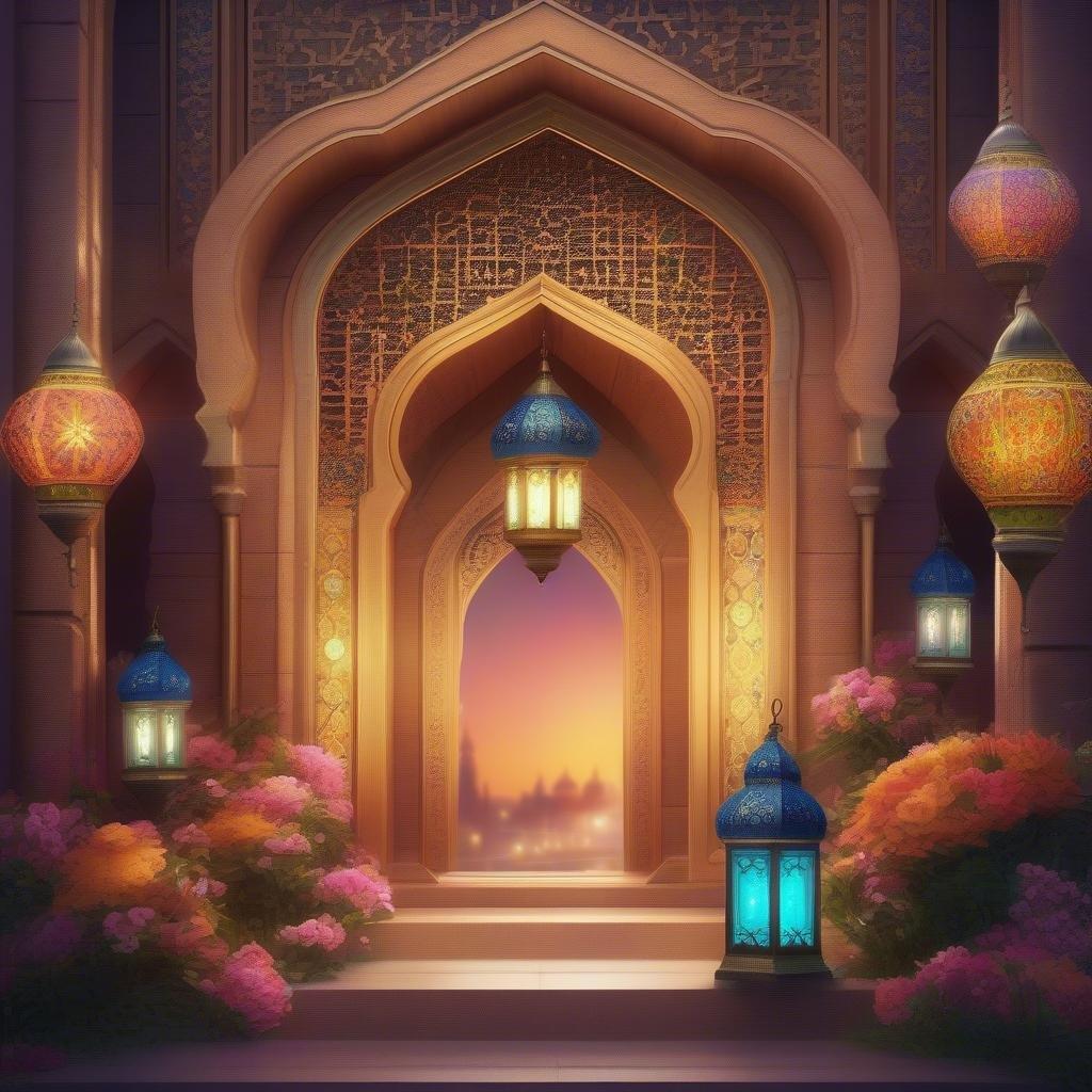 Experience the beauty of Ramadan and Eid with this stunning wallpaper, featuring a majestic archway, traditional lanterns, and a serene cityscape.