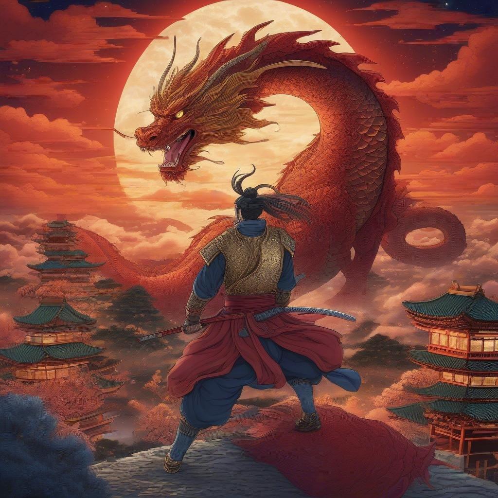 An epic battle unfolds under a moonlit sky as a samurai warrior clashes with a mighty starry dragon. The traditional Tokyo cityscape serves as the backdrop for this thrilling fantasy encounter.