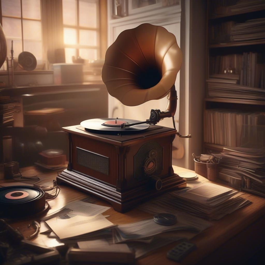 Immerse yourself in the timeless elegance of this vintage record player. The warm, ambient light illuminates an array of antique items, creating a cozy atmosphere perfect for a relaxing music session.