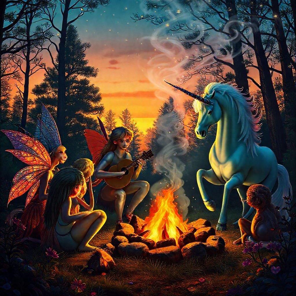 This enchanting wallpaper features a unicorn and fairies gathered around a campfire, creating a magical and whimsical atmosphere.