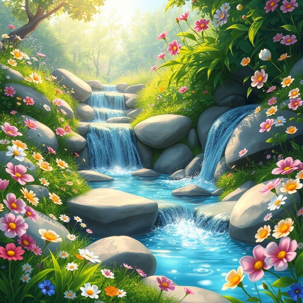 A serene garden scene with a bubbling stream surrounded by colorful flowers.