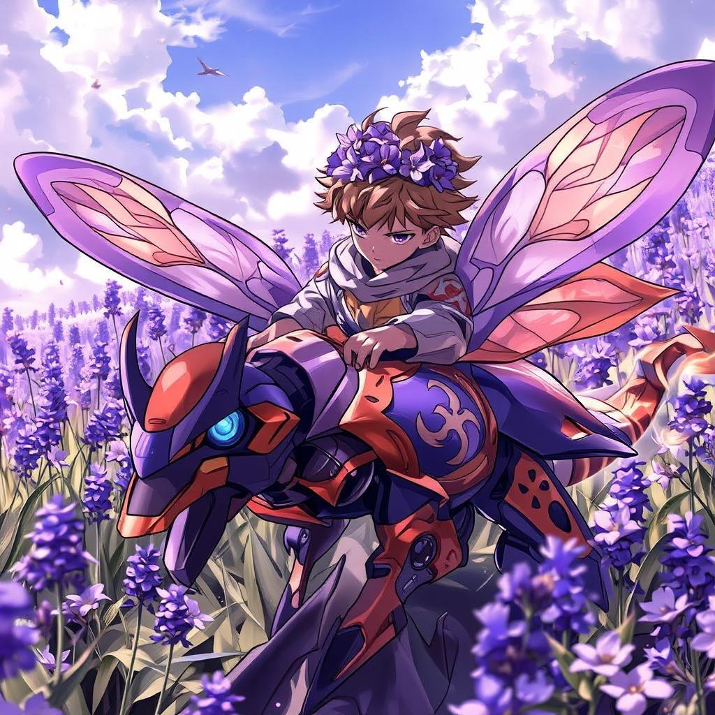 This anime wallpaper features a young boy riding a dragonfly-shaped mecha through a field of lavender flowers. The mecha is a vibrant purple and orange color with intricate patterns and a crown of purple flowers. The boy's determined expression and the flowing motion of the mecha capture a sense of adventure and excitement.