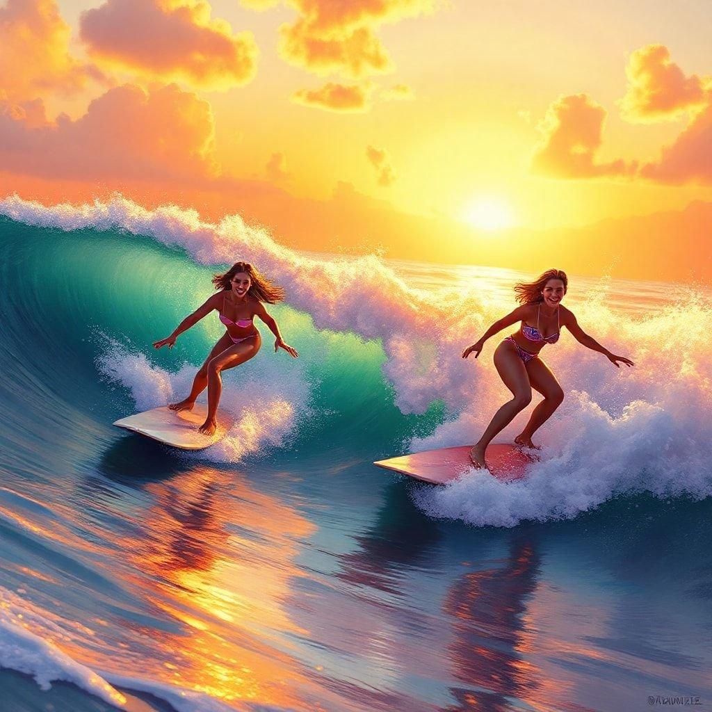 Two friends catching the perfect wave together at sunset, enjoying an adventurous surf session under a vibrant sky.