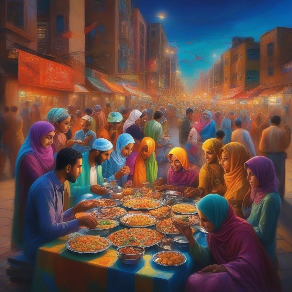 A vibrant scene from a bustling city street during the holy month of Ramadan, with Muslims gathering for Iftar, the evening meal that marks the end of their day-long fast.