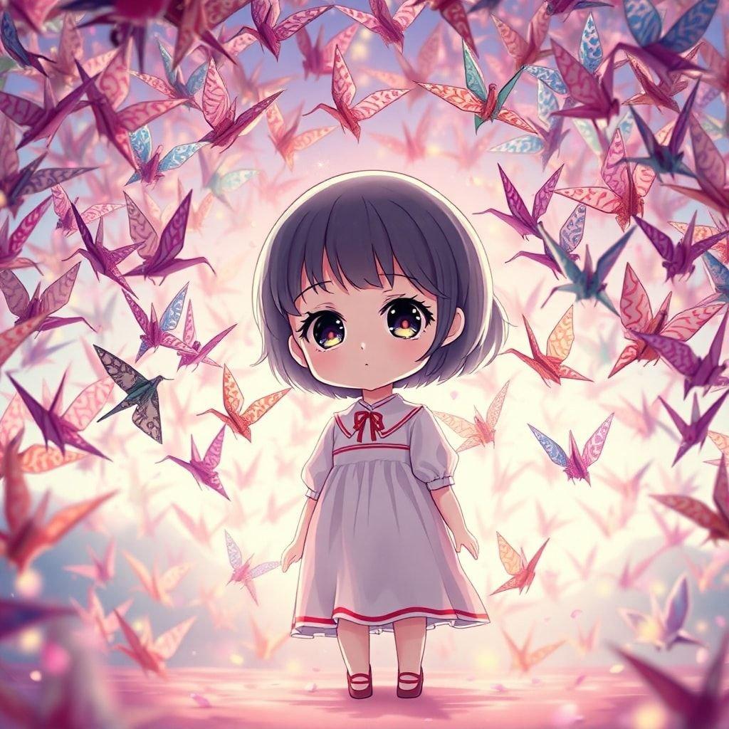 This wallpaper features a beautiful anime girl surrounded by hundreds of origami cranes, each with intricate patterns and a unique design, set against a soft light background.