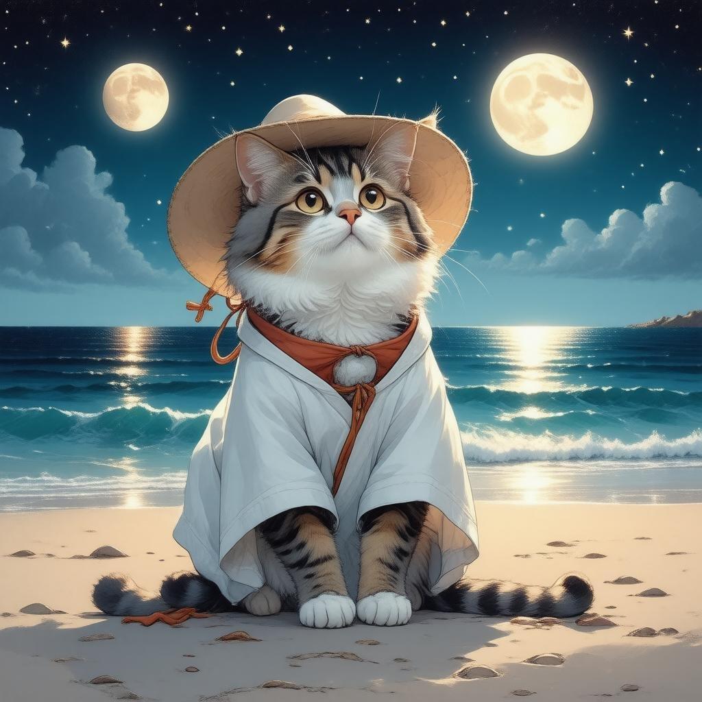 A wise old cat finds tranquility under the night sky at a picturesque beach location.