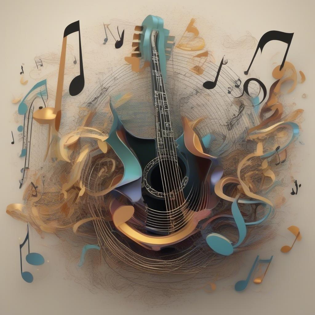 A vibrant abstract representation of music and harmony, featuring a guitar at the center surrounded by swirling musical notes.