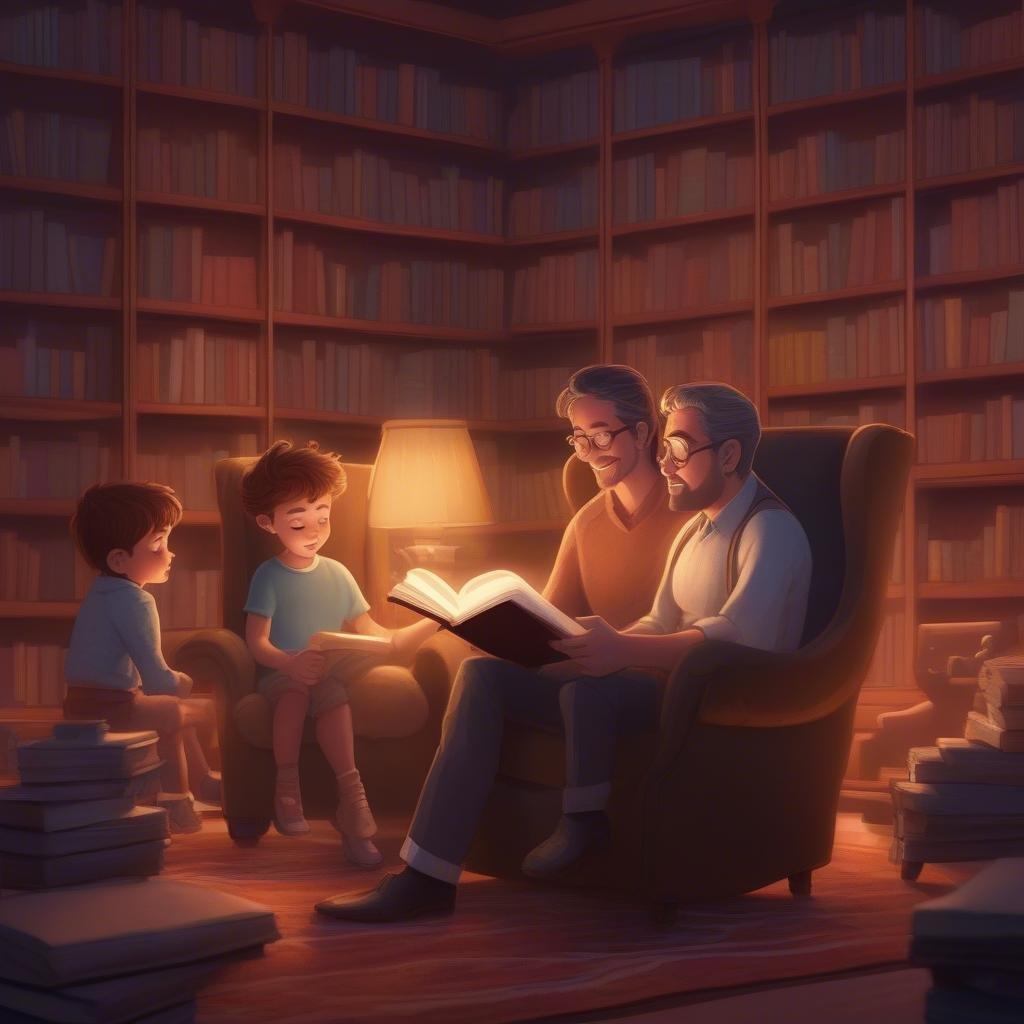 Disfruta de un momento conmovedor con la familia, leyendo juntos en el Día del Padre. Una escena acogedora en una habitación llena de libros.