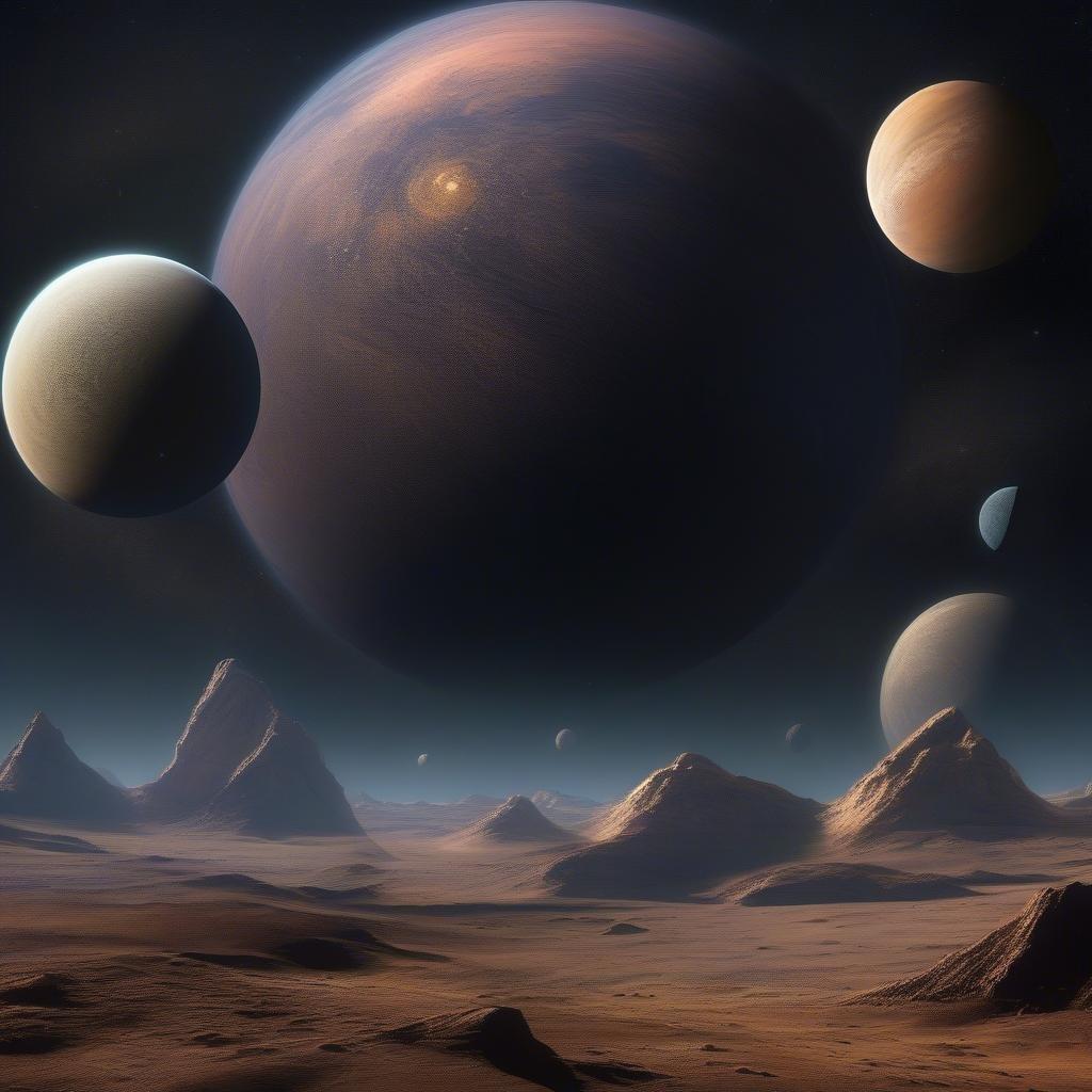 Explore the vastness of space with this stunning wallpaper featuring planets and mountains.