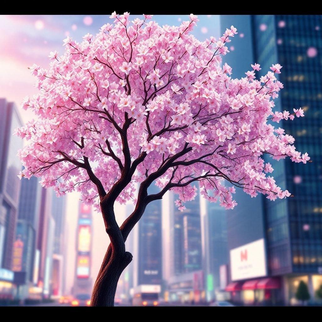 A stunning anime-style illustration of a cherry blossom tree, its branches adorned with vibrant pink and purple flowers, set against the backdrop of a bustling cityscape with towering buildings.