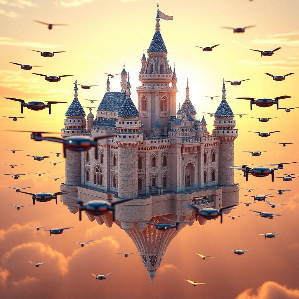 A stunning image of a futuristic castle in the sky, surrounded by drones, showcasing the intersection of technology and architecture.