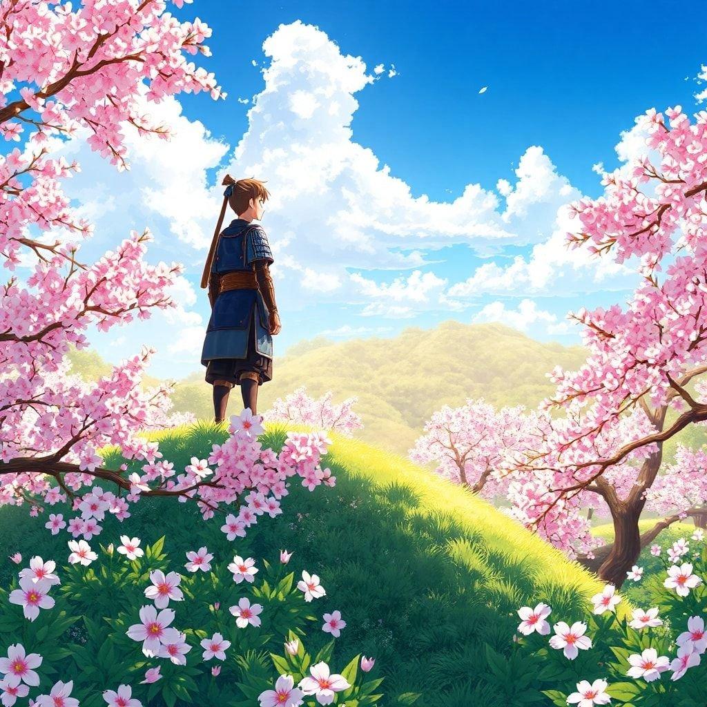 Immerse yourself in the serene beauty of this anime-style wallpaper, featuring a young samurai standing amidst a stunning cherry blossom garden.