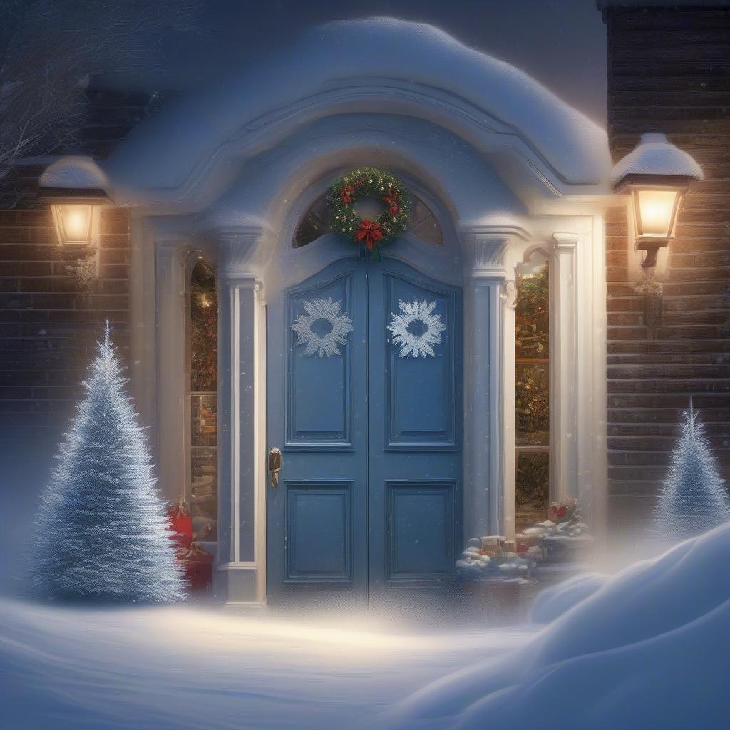 A charming snowy scene with a brightly lit front door, inviting you to step in and celebrate the holiday season.