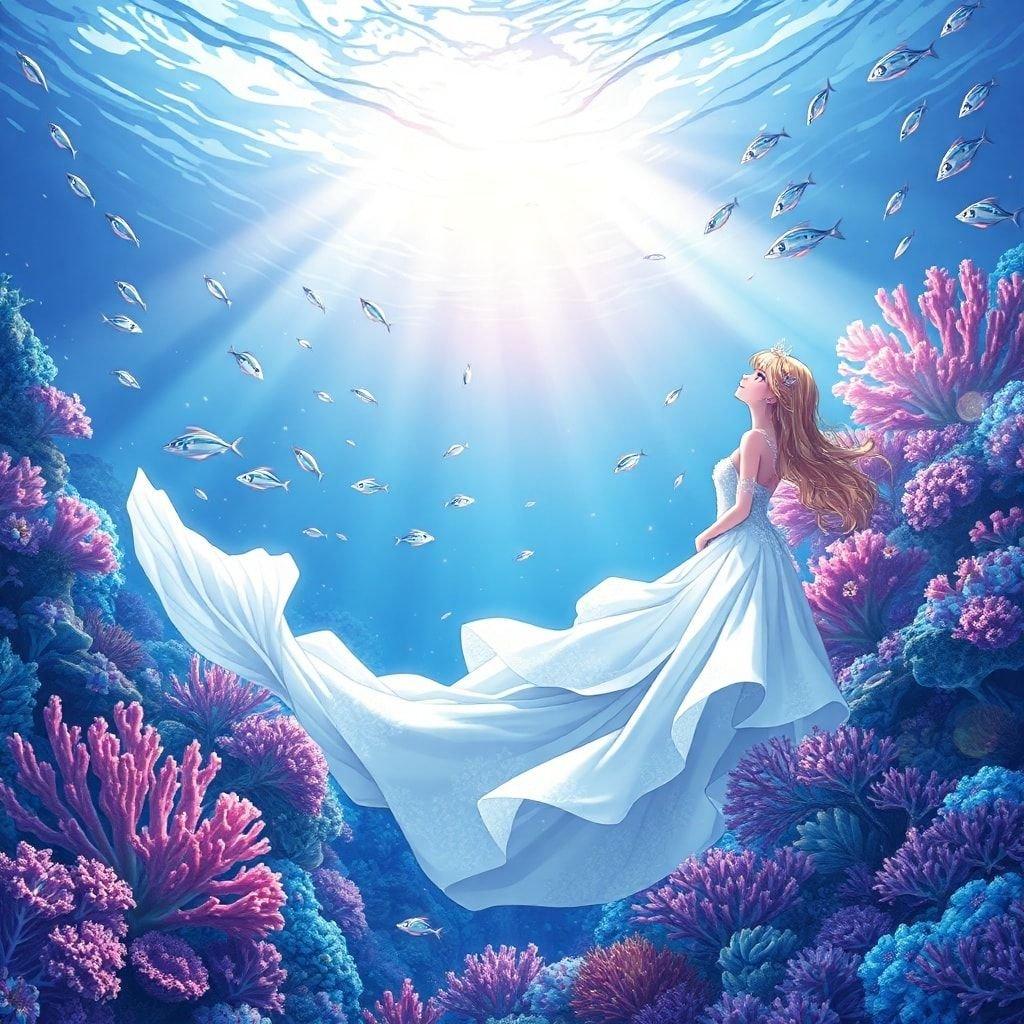 Este papel de parede encantador apresenta uma princesa sereia em um vestido branco, olhando para a superfície da água em um reino subaquático de anime.