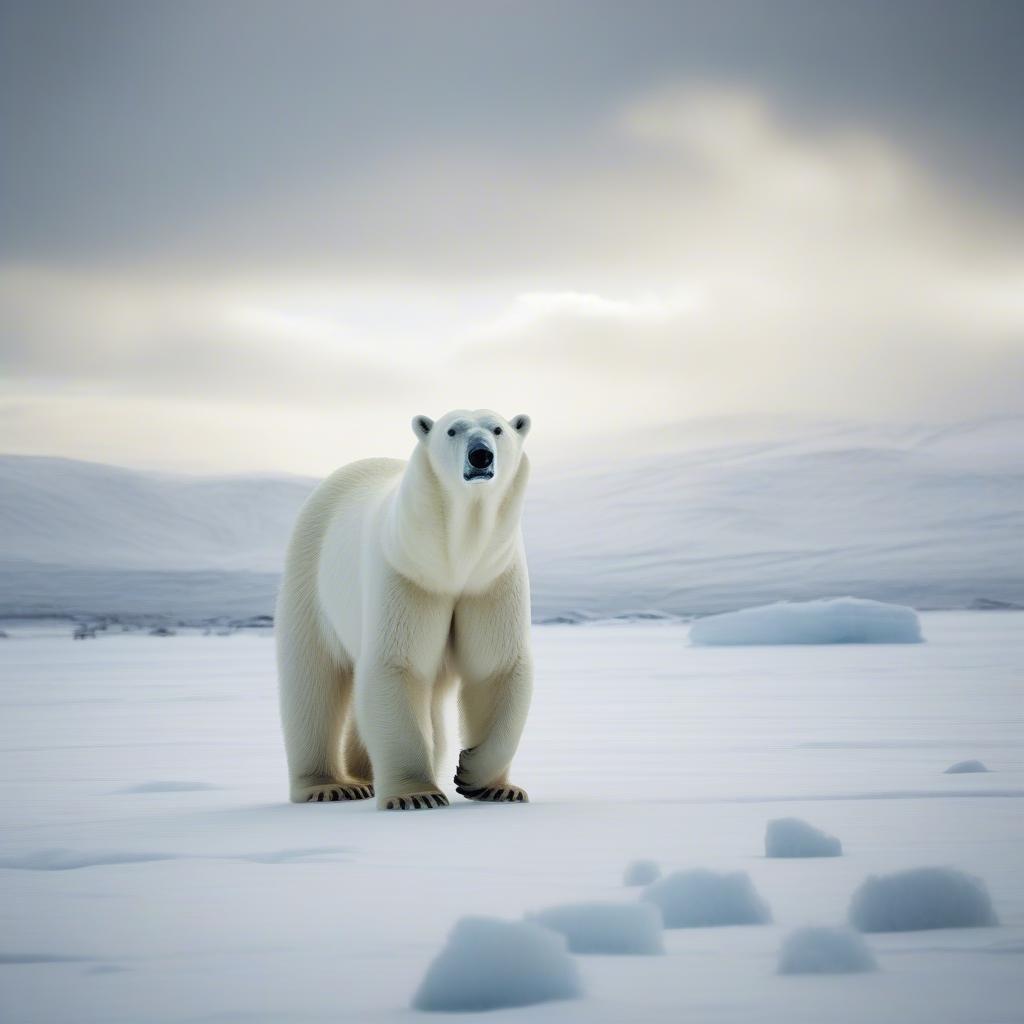 A majestic polar bear stands alone in the snowy Arctic, basking in the soft light of a cloudy sky. This wallpaper captures the essence of Christmas, with its chilly winter vibe and the sense of serene solitude.