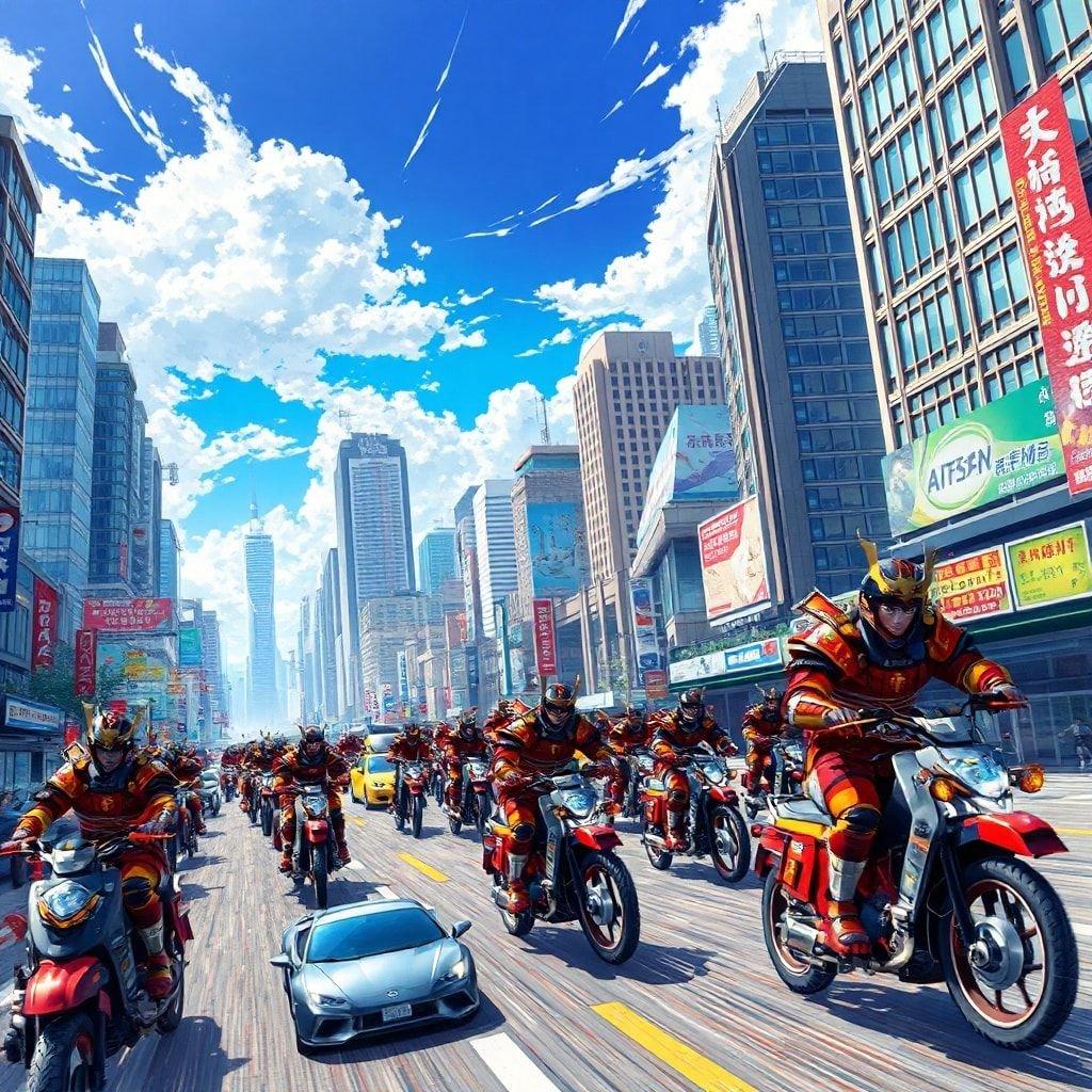 This anime illustration showcases a dynamic cityscape with a group of samurai warriors riding high-tech vehicles, set against a backdrop of tall buildings and a bright blue sky.