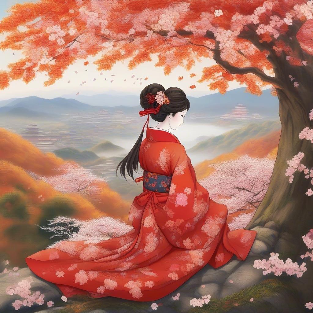 En lugn scen med en anime-geisha i traditionell japansk klädsel, som fridfullt vilar på en kulle under blommorna från ett gråtande körsbärsträd. Färgerna och detaljerna ger liv åt detta stilleben med en touch av fantasi.