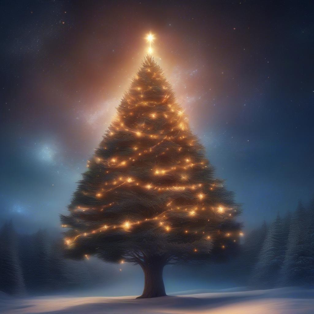 A stunning Christmas tree stands tall in the snow, its branches aglow with twinkling lights and a shining star at the top, set against a dark blue sky with stars.