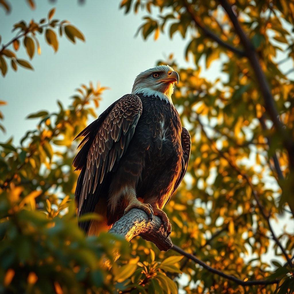 A majestic bald eagle perched confidently at sunset, silhouetted against the warm glow of the setting sun.